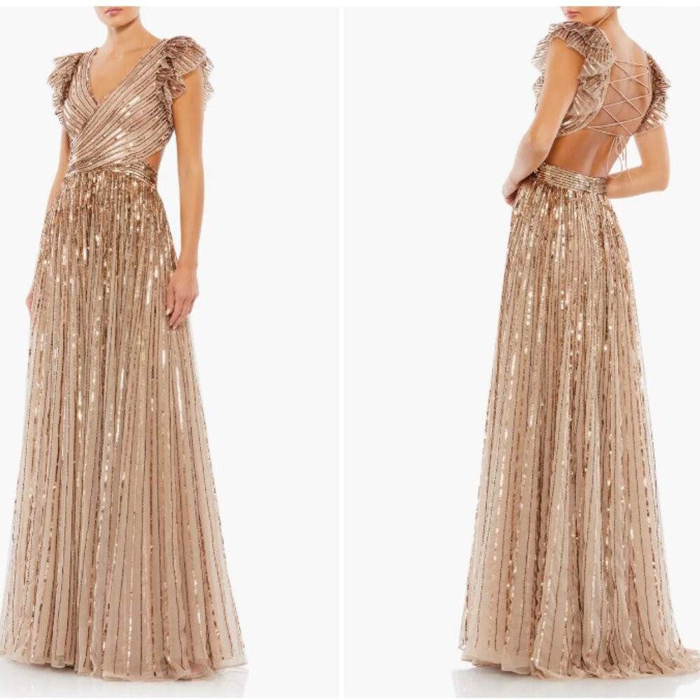 MAC DUGGAL 5568 SEQINED CUTOUT RUFFLED CAP SLEEVE LACE UP COPPER GOWN sz 6